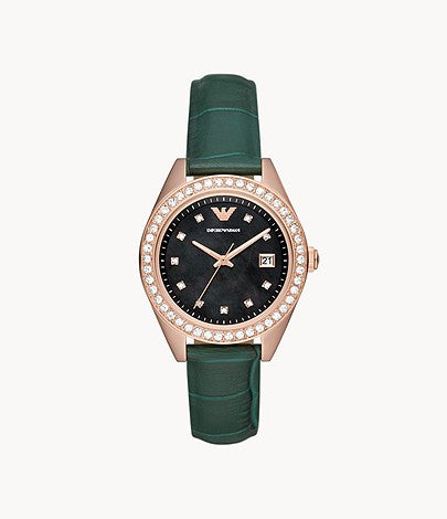Emporio Armani Three-Hand Date Black Leather Watch