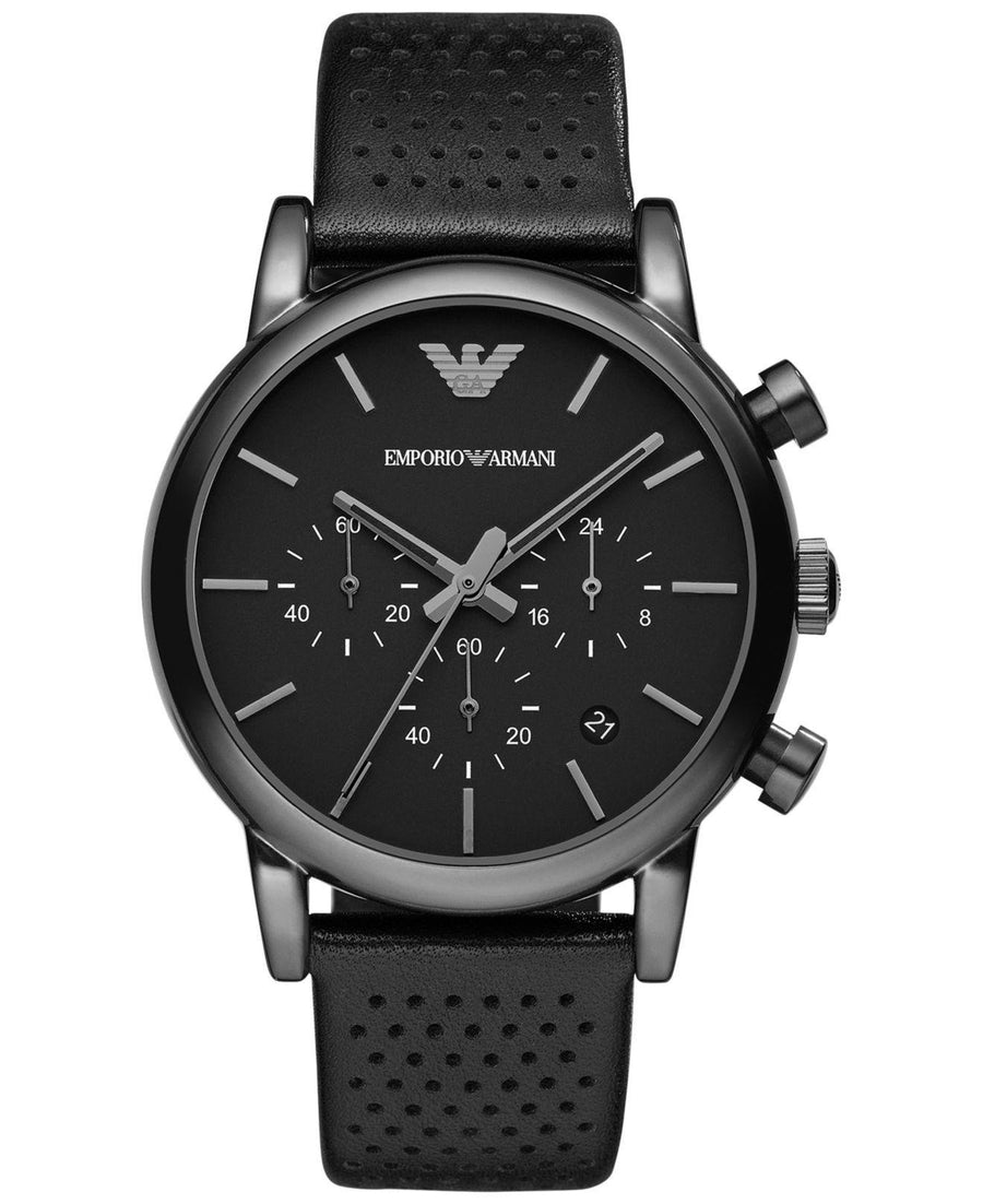 Emporio Armani Chronograph White Dial Black Leather Watch